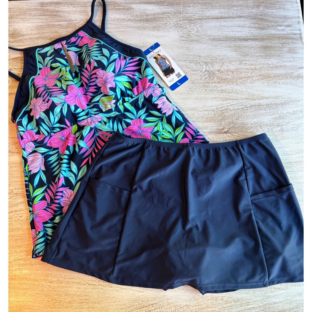 NWT Ellen Tracy Tankini Swimsuit Womens Large Navy Floral New 2 Piece Skirt Set